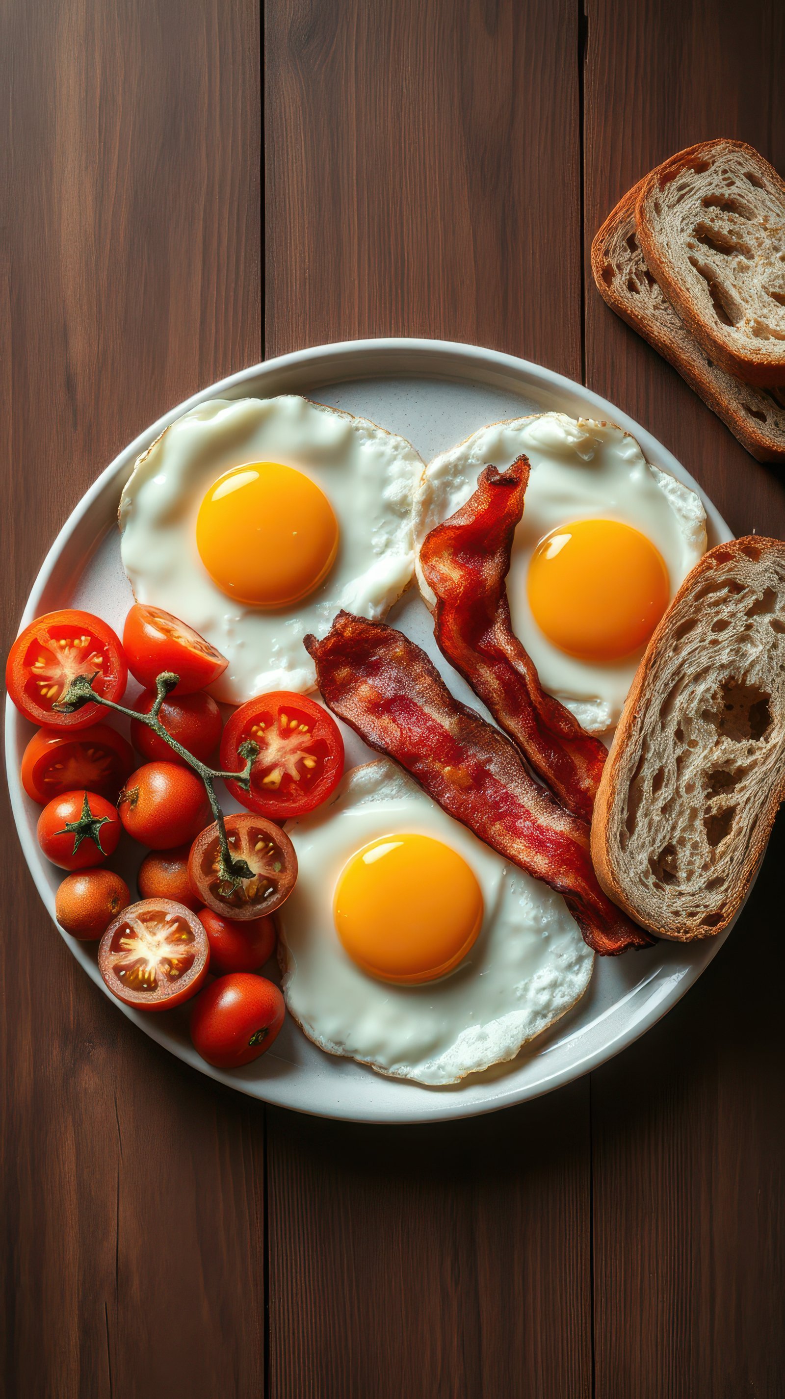 Delicious breakfast plate with fried eggs, crispy bacon, fresh tomatoes, and toasted bread on wooden table
